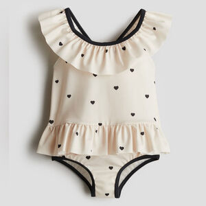 H&M Neutrals Baby Girl Heart Print Ruffle Trim Loose Fit Swim Top & Bottoms
